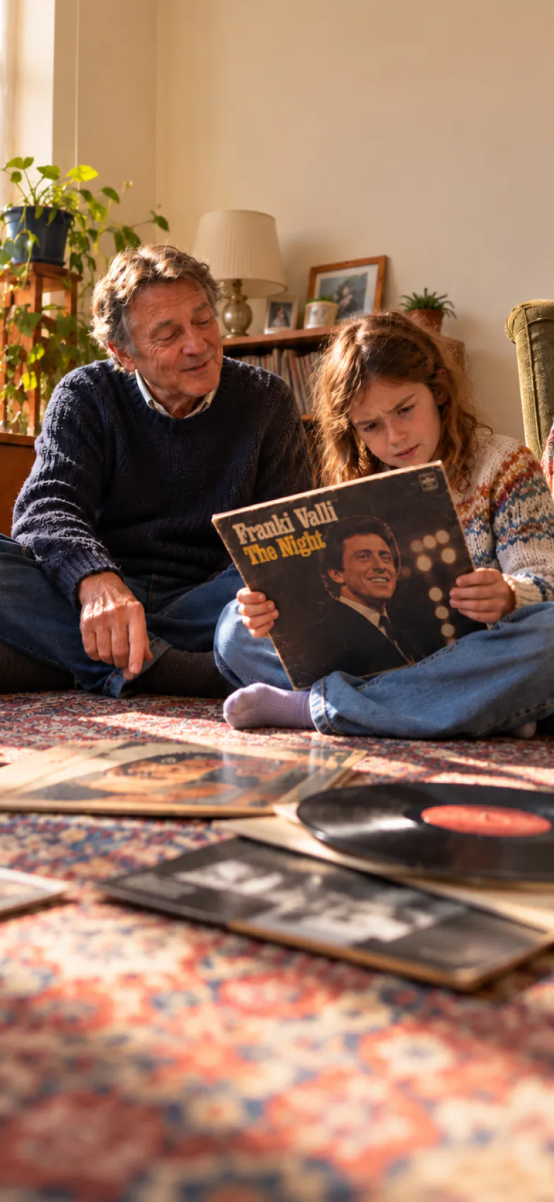 A grandad and his granddaughter on the living-room floor looking at an old record