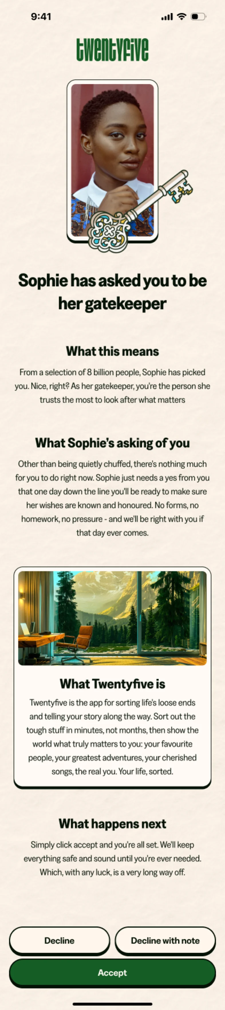 A gatekeeper invitation in the Twentyfive app: Sophie has asked you to be her gatekeeper, with what it means, what she is asking of you, and Accept and Decline buttons