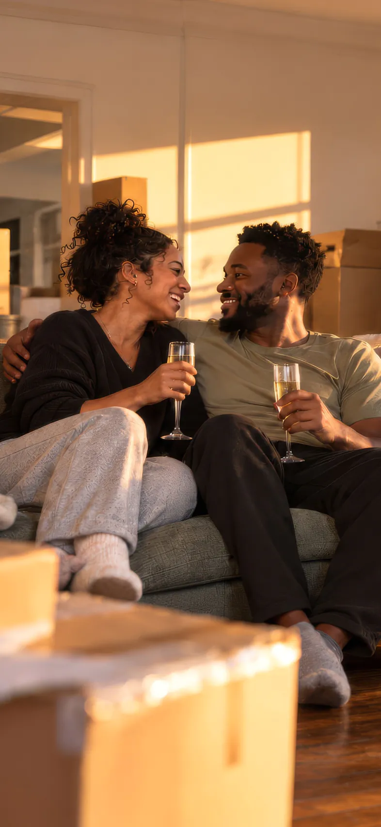 A couple laughing together on a sofa with glasses of champagne, surrounded by moving boxes in their new home