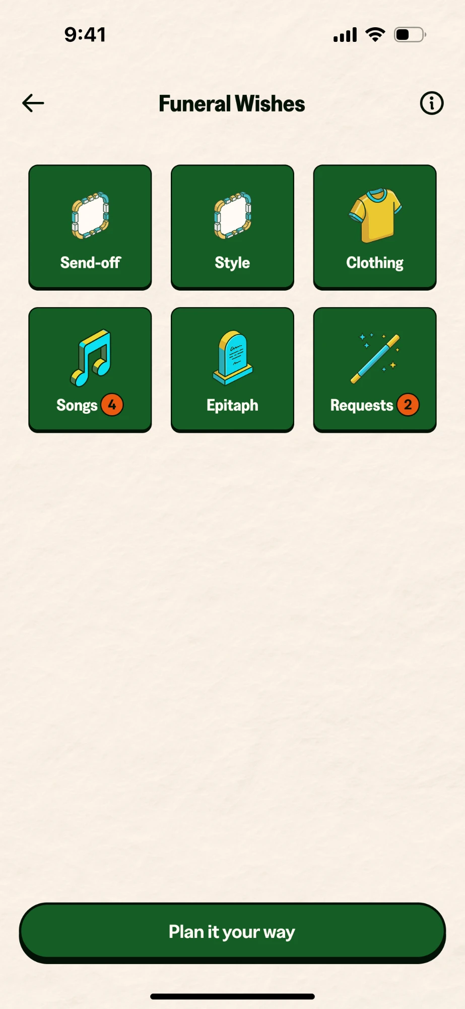 Funeral wishes screen: send-off, style, clothing, songs, epitaph and requests